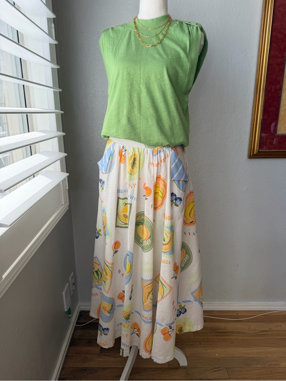 49- NWT Prosperina White Multicolor Fruit Print A-Line Long Midi Skirt Pockets M